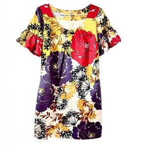 Emmett McCarthy EMc2 Silk Floral Print Short Sleeve Mini Dress Yellow Red Size 6